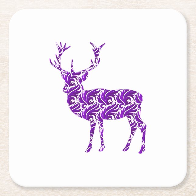 Elegant Purple Damask Deer Stag Square Paper Coaster (Front)