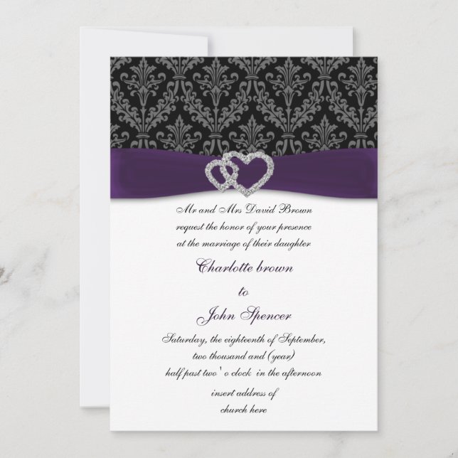 Elegant Purple Damask Diamante Wedding  Invitation (Front)
