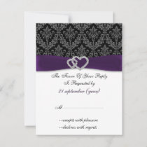 Elegant Purple Damask Diamante Wedding  RSVP Card