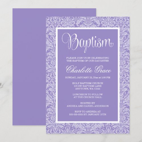 Elegant Purple Damask Girl Baptism Christening Personalized Invitation