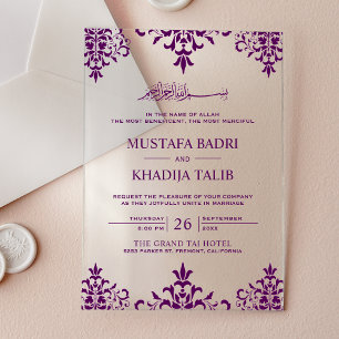 Elegant Purple Damask Islamic Wedding Acrylic Invitations