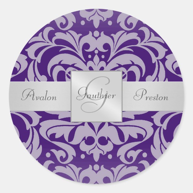 Elegant Purple Damask Monogram Wedding Sticker (Front)