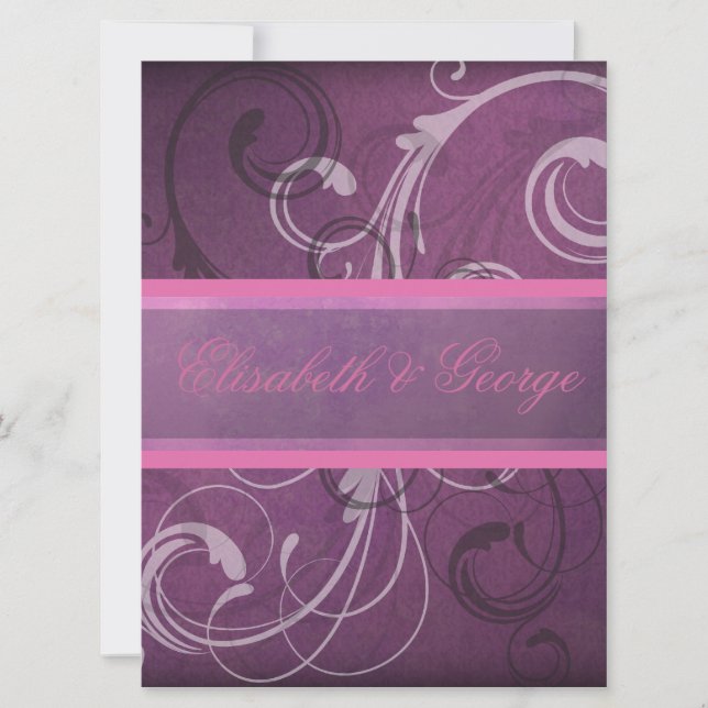 Elegant Purple Damask Swirls Grunge Effect Invitation (Front)
