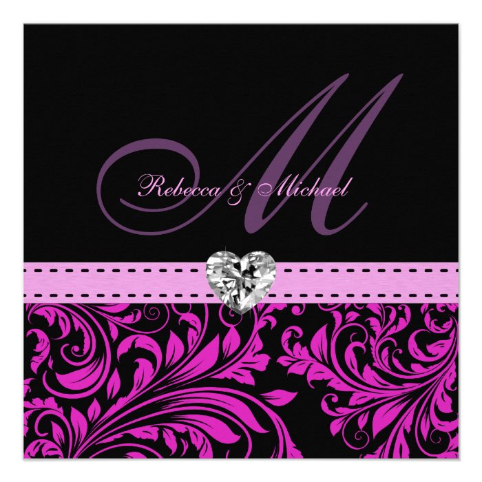 Elegant Purple Damask with Monogram Wedding Invite