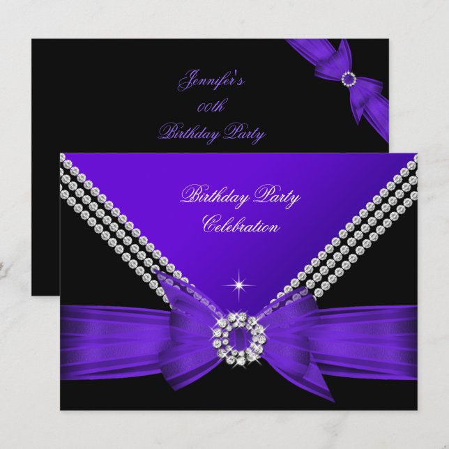 Elegant Purple Diamond Bow Birthday Party 2 Invitation (Front/Back)