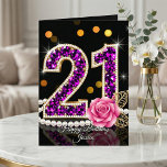Elegant Purple Diamond Pearl Rose 21st Birthday Card<br><div class="desc">Celebrate her special milestone in style with this luxurious 21st birthday greeting card. Perfect for the young woman who loves a touch of glamour, this artwork features a dazzling "21" filled with faux purple diamond gemstones and trimmed in gold. The sophisticated composition is accented by a classic string of white...</div>