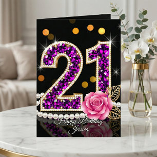 Elegant Purple Diamond Pearl Rose 21st Birthday Card