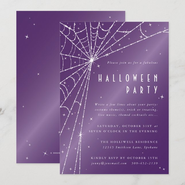 Elegant Purple Diamond Spider Web Halloween Party Invitation (Front/Back)