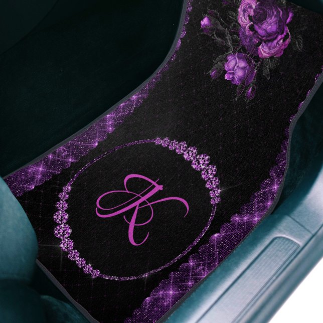 Elegant Purple Diamonds Classic Monogram Black Car Floor Mat (Creator Uploaded)