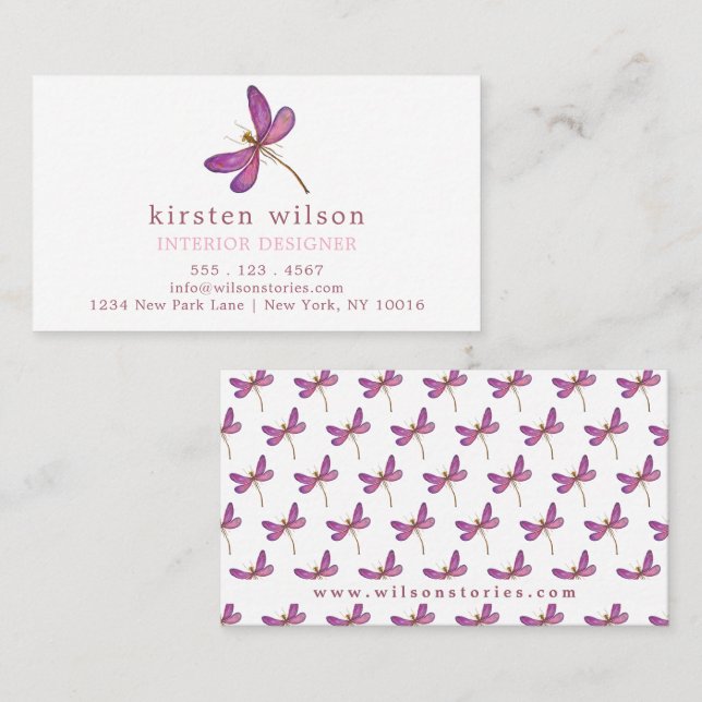 Elegant Purple Dragonfly Pattern Business Card (Front/Back)