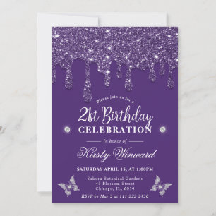 Elegant Purple Dripping Glitter 21st Birthday Invitation