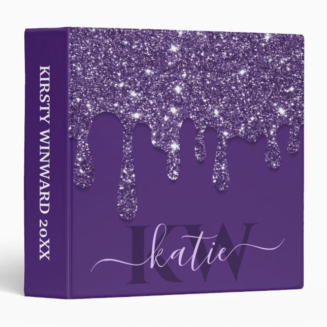 Elegant Purple Dripping Glitter Monogram 3 Ring Binder (Front/Spine)