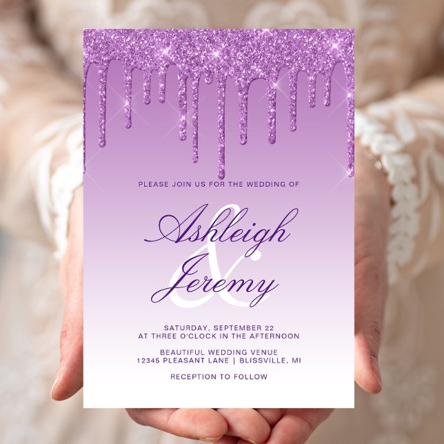 Elegant Purple Dripping Glitter Script Wedding Invitation (Creator Uploaded)