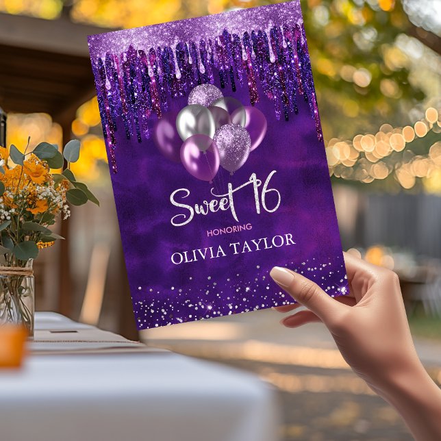 Elegant purple drips glitter balloons sweet 16 invitation (Creator Uploaded)