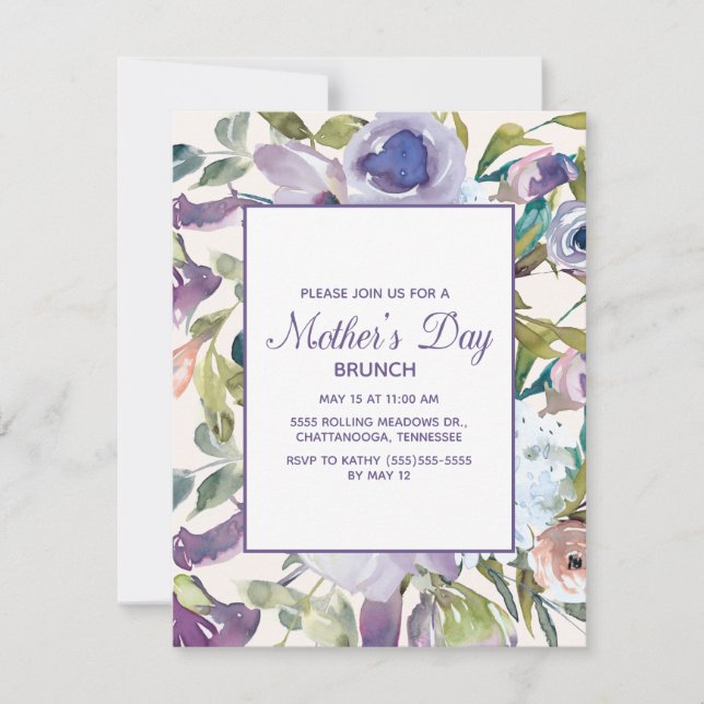 Elegant Purple Dusty Blue Floral Mother's Day Invitation (Front)