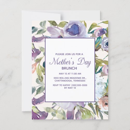 Elegant Purple Dusty Blue Floral Mothers Day Invitation