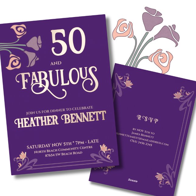 Elegant Purple Fabulous 50 Rose Foil Birthday  Invitation (Creator Uploaded)