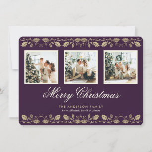 Elegant Purple Family 3 Photo Merry Christmas Card