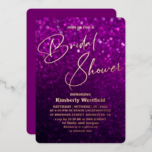 Elegant Purple Faux Glitter chic Bridal shower  Foil Invitation