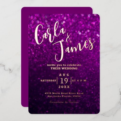 Elegant purple Faux Glitter chic Wedding Foil Invitation