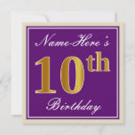 [ Thumbnail: Elegant, Purple, Faux Gold 10th Birthday + Name Invitation ]