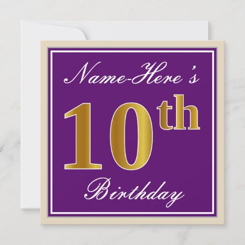 Elegant Purple Faux Gold 10th Birthday  Name Invitation