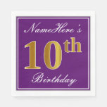 [ Thumbnail: Elegant Purple, Faux Gold 10th Birthday + Name Napkins ]