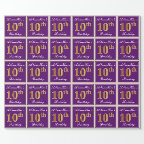 Elegant Purple Faux Gold 10th Birthday  Name Wrapping Paper