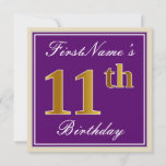 [ Thumbnail: Elegant, Purple, Faux Gold 11th Birthday + Name Invitation ]