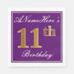 [ Thumbnail: Elegant Purple, Faux Gold 11th Birthday + Name Napkin ]