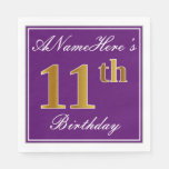 [ Thumbnail: Elegant Purple, Faux Gold 11th Birthday + Name Napkins ]