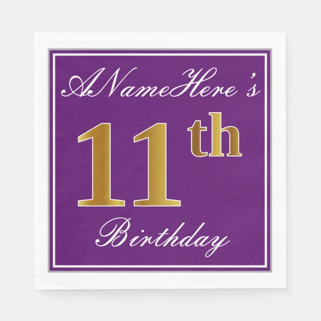 Elegant Purple, Faux Gold 11th Birthday + Name Napkins (Front)