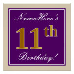 [ Thumbnail: Elegant, Purple, Faux Gold 11th Birthday + Name Poster ]