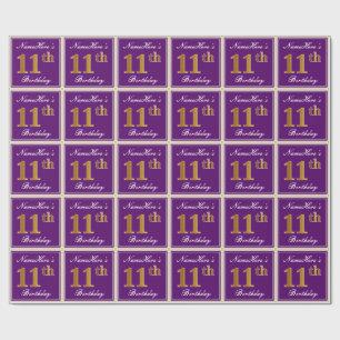 Elegant, Purple, Faux Gold 11th Birthday + Name Wrapping Paper