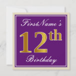 [ Thumbnail: Elegant, Purple, Faux Gold 12th Birthday + Name Invitation ]