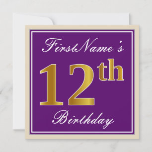 Elegant, Purple, Faux Gold 12th Birthday + Name Invitation