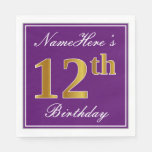 [ Thumbnail: Elegant Purple, Faux Gold 12th Birthday + Name Napkins ]