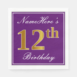 Elegant Purple, Faux Gold 12th Birthday + Name Napkins