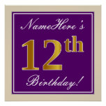 [ Thumbnail: Elegant, Purple, Faux Gold 12th Birthday + Name Poster ]