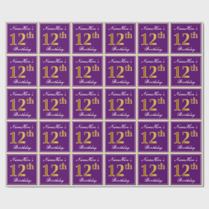 Elegant, Purple, Faux Gold 12th Birthday + Name Wrapping Paper