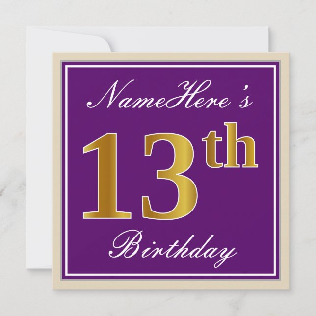 Elegant, Purple, Faux Gold 13th Birthday + Name Invitation (Front)