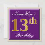 [ Thumbnail: Elegant, Purple, Faux Gold 13th Birthday + Name Invitation ]