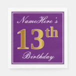 [ Thumbnail: Elegant Purple, Faux Gold 13th Birthday + Name Napkins ]