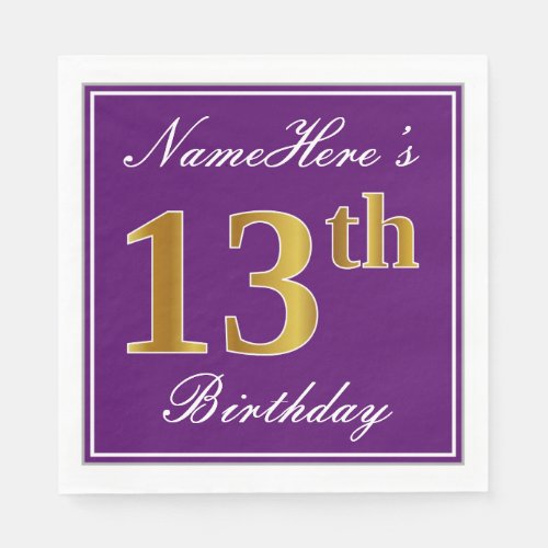 Elegant Purple Faux Gold 13th Birthday  Name Napkins