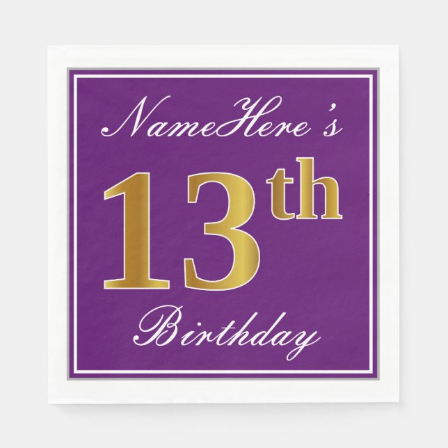Elegant Purple, Faux Gold 13th Birthday + Name Napkins (Front)