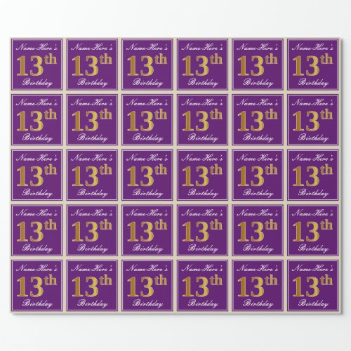 Elegant Purple Faux Gold 13th Birthday  Name Wrapping Paper