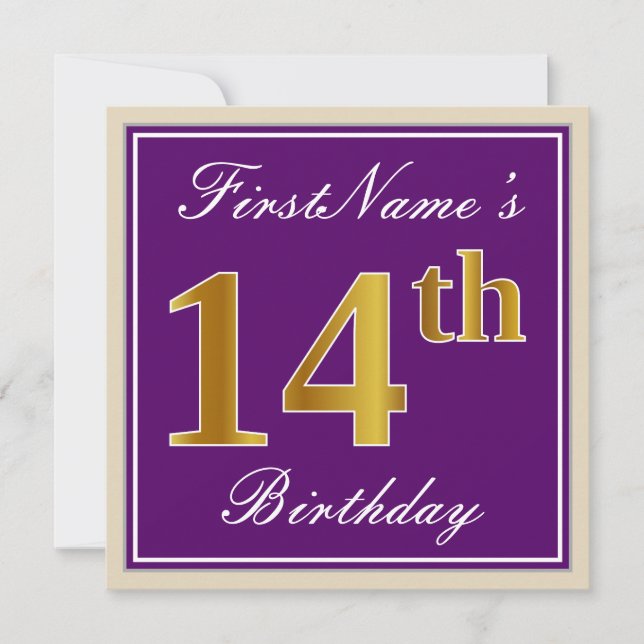 Elegant, Purple, Faux Gold 14th Birthday + Name Invitation (Front)