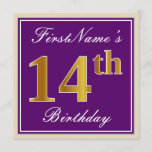 [ Thumbnail: Elegant, Purple, Faux Gold 14th Birthday + Name Invitation ]