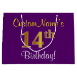 [ Thumbnail: Elegant, Purple, Faux Gold 14th Birthday + Name Gift Bag ]