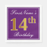 [ Thumbnail: Elegant Purple, Faux Gold 14th Birthday + Name Napkins ]